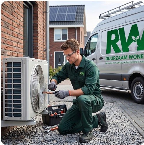 Monteur van RW Duurzaam Wonen installeert een warmtepomp bij een woning